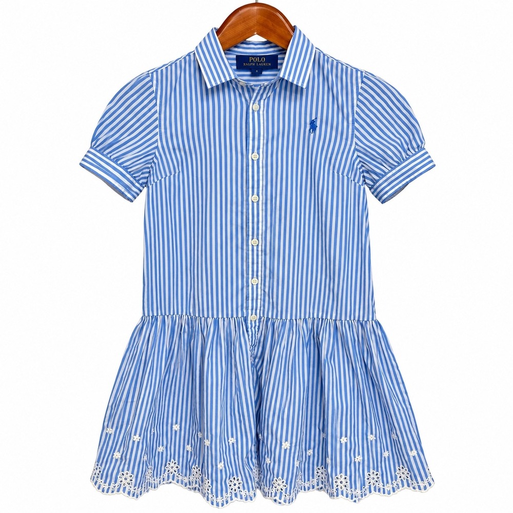 Polo Ralph Lauren Girls Blue White Striped Eyelet Lace Shirt Dress Size 10